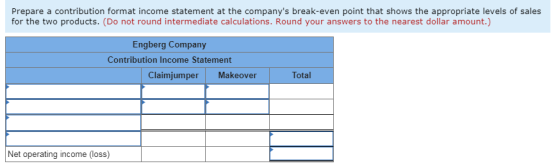 Prepare a contribution format income statement at the companys break-even point that shows the appropriate levels of sales f