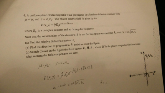 4. A uniform plane electromagnetic wave propagates in a lossless dielectrie medium with μ = μ° and ε = εγεο . The phasor elec