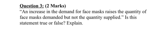 Question 3: (2 Marks) An increase in the demand for face masks raises the quantity of face masks demanded but not the quanti