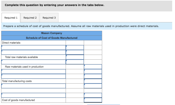 Complete this question by entering your answers in the tabs below. Required 1 Required 2 Required 3 Prepare a schedule of cos