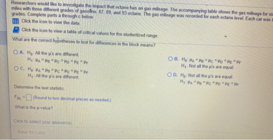 Researchers would like to investigate the impact that octane has on gas mileage. The accompanying table shows the gas mileage