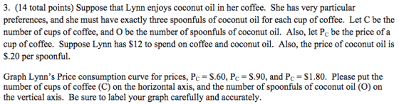 3. (14 total points) Suppose that Lynn enjoys coconut oil in her coffee. She has very particular preferences, and she must have exactly three spoonfuls of coconut oil for each cup of coffee. Let C be the number of cups of coffee, and O be the number of spoonfuls of coconut oil. Also, let Pc be the price of a cup of coffee. Suppose Lynn has S12 to spend on coffee and coconut oil. Also, the price of coconut oil is S.20 per spoonful. Graph Lynns Price consumption curve for prices, Pc- S.60, Pc-S.90, and Pc-$1.80. Please put the number of cups of coffee (C) on the horizontal axis, and the number of spoonfuls of coconut oil (O) on the vertical axis. Be sure to label your graph carefully and accurately