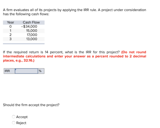 A firm evaluates all of its projects by applying the IRR rule. A project under consideration has the following cash flows: Ye