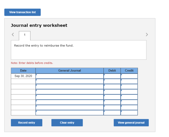 View transaction list Journal entry worksheet Record the entry to reimburse the fund. Note: Enter debits before credits. Gene