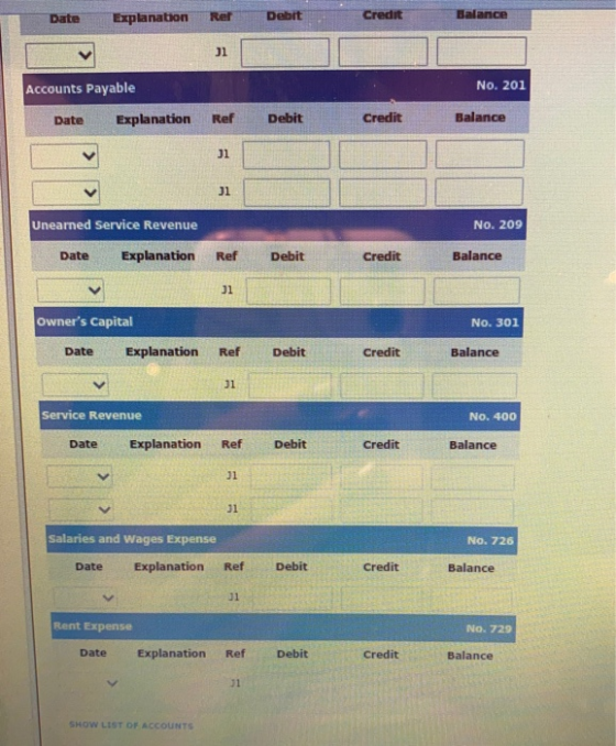 Date Explanation Rer Debit Credit Balance 1 Accounts Payable No. 201 Date Explanation Ref Debit Credit Balance J 31 Unearned