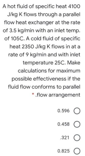 A hot fluid of specific heat 4100 J/kg K flows through a parallel flow heat exchanger at the rate of 3.5 kg/min with an inlet