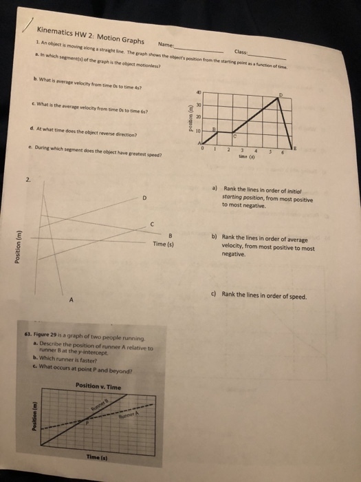 Kinematics HW 2: Motion Graphs Name. 1. An object is moving along a straight Sne. The graph shows the objects position from the starting pom as luoton of tin. a. In which segmentts) of the graph is the object motionless b. What is average velocity from time Os to time 4s? 30 e. What is the average velocity from time Os to time 6s? d. At what time does the object reverse direction? time ( e. During which sepment does the object have greatest speed? Rank the lines in order of initiol starting position, from most positive to most negative 2. a) Rank the lines in order of average velocity, from most positive to most negative b) Time (s) c) Rank the lines in order of speed. 63. Figure 29 is a graph of two people running a. Describe the position of runner A relative to runner B at the y-intercept b. Which runner is faster? c. What occurs at point P and beyond? Position v. Time Time (s)