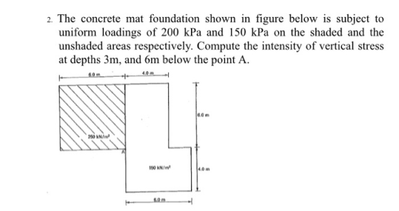 2. The concrete mat foundation shown in figure below is subject to uniform loadings of 200 kPa and 150 kPa on the shaded and