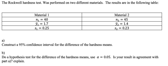 The Rockwell hardness test. Was performed on two different materials. The results are in the following table: Material 1 ny =