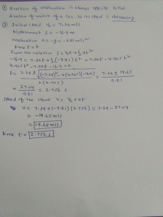 divachon t mohom ta cay.so its sreed decreasir Dis pla (ennem t-S= -16.9 (-739)%4(4,965)(-164)-739土19,65 2 (4.g0s 9,8 27.04 -2.1 56 q el フ,39 t (-9,81) (2-756)二7-39-27 04 19.65 mls vo v=