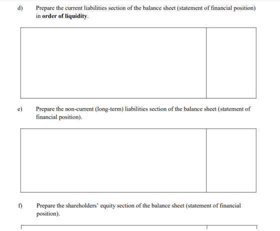 d) Prepare the current liabilities section of the balance sheet (statement of financial position) in order of liquidity. e) P
