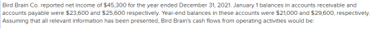 Bird Brain Co. reported net income of $45,300 for the year ended December 31, 2021. January 1 balances in accounts receivable