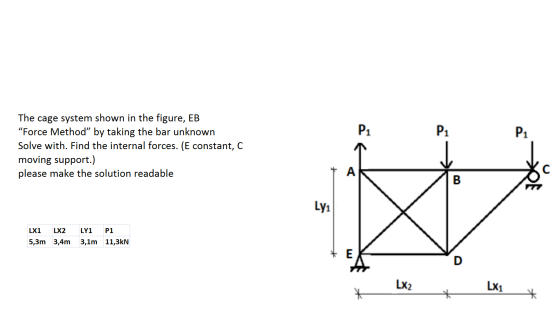 P1 P1 P1 The cage system shown in the figure, EB “Force Method” by taking the bar unknown Solve with. Find the internal force