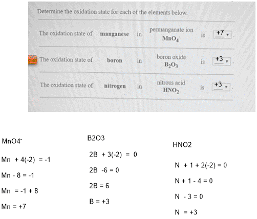 Determine the oxidation state for each of the elements below. The oxidation state of manganese in permanganate for MnO, The o