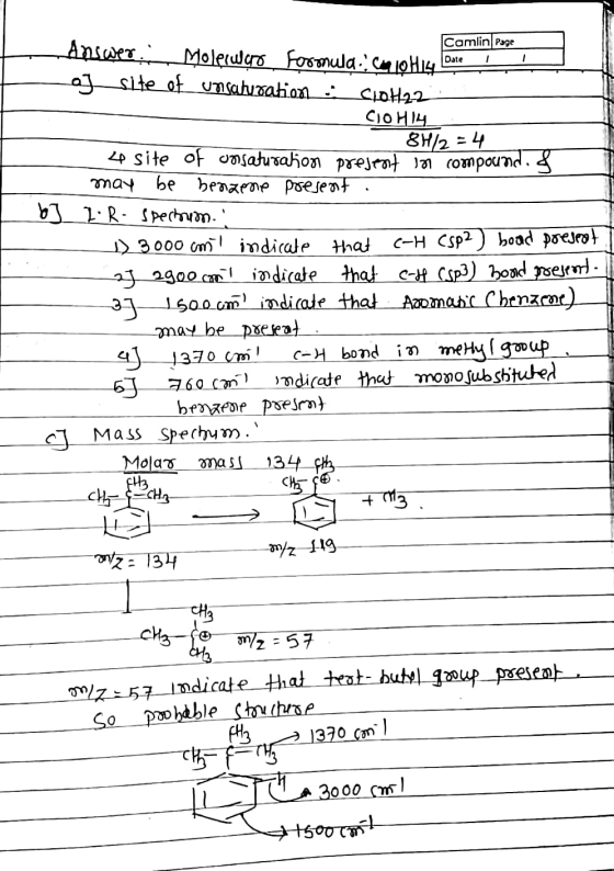 Camlin Page Answer. __ Molecuço Formulas Com 10H14 Leder Date I ajsite of unsaturation. SloH22 Co414_ 8H/2=4 4 site of unsatu