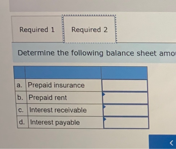 Required 1 Required 2 Determine the following balance sheet amo a. Prepaid insurance b. Prepaid rent c. Interest receivable d