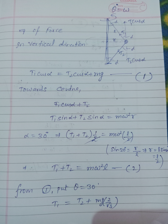 CIASSMALE Date Byggt Ed & Tousa eg of force en Verfical direction t o 2 d - Ticusa = T₂cus Lting - Towards centre, as Preusch