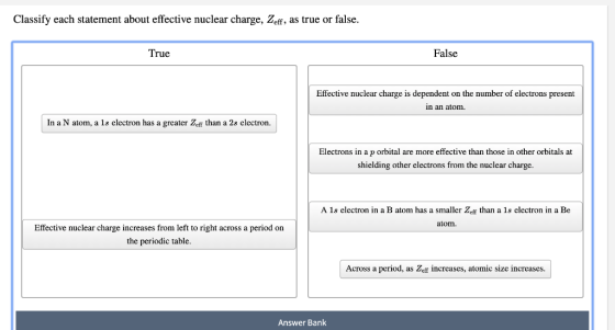 Classify each statement about effective nuclear charge, Zeff, as true or false. True False Effective nuclear charge is depend