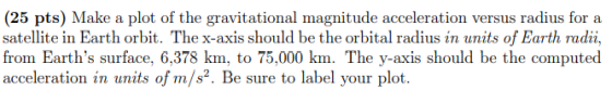 (25 pts) Make a plot of the gravitational magnitude acceleration versus radius for a satellite in Earth orbit. The x-axis sho