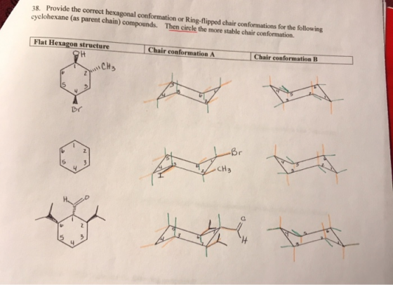 28. Provide the correct hexagonal conformation or Ring-flipped chair conformations for the following cyclohexane (as parent c