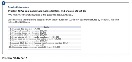 Required information Problem 18-1A Cost computation, classification, and analysis LO C2, C3 (The following information applie