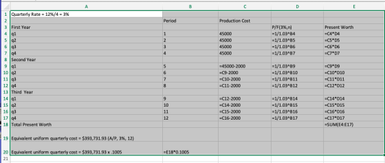 А B с D E Period Production Cost 1 2 1 Quarterly Rate = 12%/4 = 3% 2 3 First Year 4 91 5 92 6 93 7 94 8 Second Year 9 91 10 4