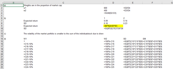 Weights are in the proportion of market cap 600 400 SUM(D2:D3) -D2/D4 -D3/D4 6 b) 6 0.14 0.23 Expected return 0.09 Expected return -SQRT(E2 E2 D8 D8 12 c) The volatility of the market portfolio is smaller to the sum of the individualstock due to divers W1 EO #10096-C15 =10096-C16 -10096-C17 100%-C18 -10096-C19 = 100%-C20 -100%-C21 100%-C22 -10096-C23 = 100%-C24 -100%-C25 SQRT(C1 C15 *SDS C15 SDS7+D15 SES -SQRT(C16 C1 SDS C1 SDS7+D16 SES SQRT(C17 C17 SDS C17 SDS7+D17 SES -SQRT(C18 C18 SDS C18 SDS7+D18 SES -SQRT(C19 C19 SDS C19 SDS7+D19 SES -SQRT(C20 C20 SDS-C20*SDS7+D20 SES -SQRT(C21 C21*SDS C21*SDS7+D21 SES -SQRT(C22 C22 SDS-C22SDS7+D22 SES 5 6 6 -c15-10% =C16-1096 -c17-10% -c18-1096 -c19-1096 -c20-10% -C21-10% C22-10% -c23-10% -c24-10% -SQRT(C24*C24SDS C24SDS7+D24 SES SQRT(C25 C25 SDS C25 SDS7+D25 SES