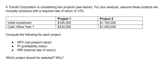 4. Farrah Corporation is considering two projects (see below). For your analysis, assume these projects are mutually exclusiv