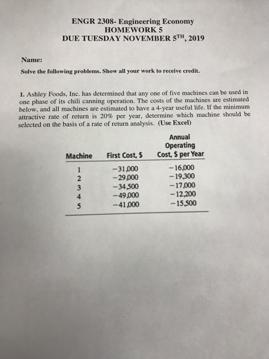 ENGR 2308- Engineering Economy HOMEWORK 5 DUE TUESDAY NOVEMBER 5TH, 2019 Name: Solve the following problems. Show all your wo