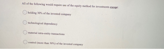 All of the following would require use of the equity method for investments except: holding 30% of the invested company techn