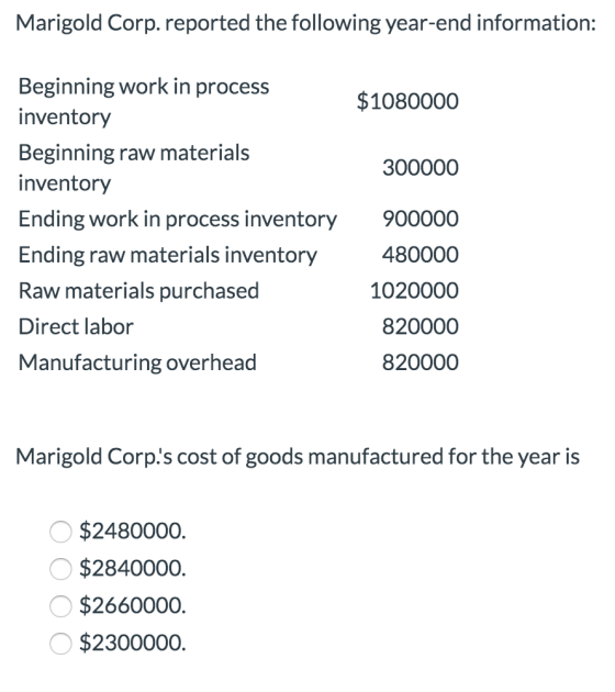 Marigold Corp. reported the following year-end information: $1080000 300000 Beginning work in process inventory Beginning raw