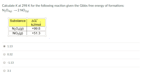 Calculate K at 298 K for the following reaction given the Gibbs free energy of formations 213) substance! ΔG。 kJ/mol N2O4(g) +99.8 NO2(g)+51.3 1.13 0.32 3.1