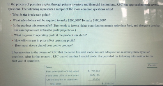 . In the process of pursuing capital through private investors and financial institutions, RBC was approached with several qu