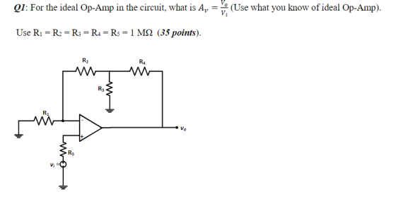 Q1: For the ideal Op-Amp in the circuit, what is A, (Use what you know of ideal Op-Amp). Use Ri = R2 = R3 = R4 = Rs = 1 M2 (3