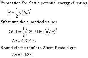 Expression for elastic potential energy of spring Substitute the numerical values 230J 1200 Nm) (As) As0.619 m Round off the resultto 2 significant digits As 0.62 m