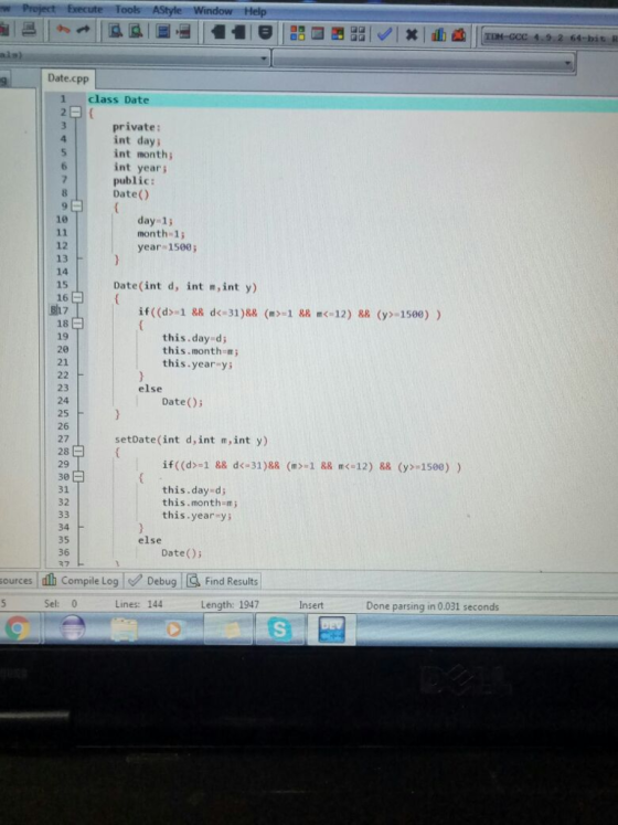 w Project Date.cpp 1 class Date 2 private: int day int month int year public: Date() day 1; month-1 year 1500 10 12 13 14 15