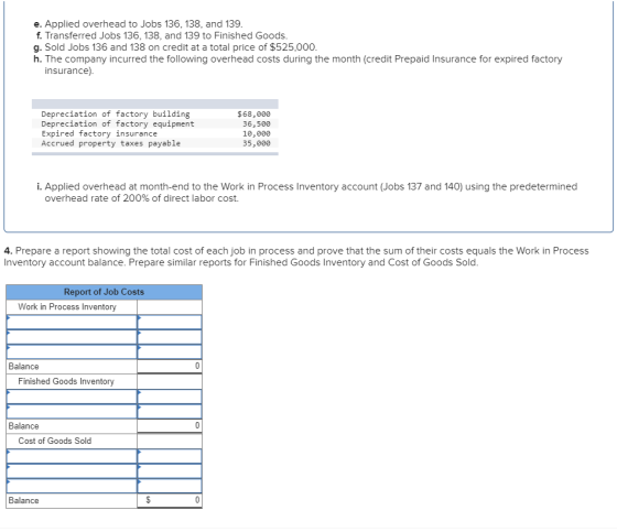 e. Applied overhead to Jobs 136, 138, and 139. f. Transferred Jobs 136, 138, and 139 to Finished Goods. g. Sold Jobs 136 and