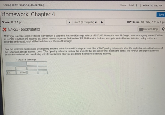 Spring 2020: Financial Accounting Shivam Patel & | 02/16/20 5:42 PM Save Homework: Chapter 4 Score: 0 of 1 pt X E4-23 (book/s