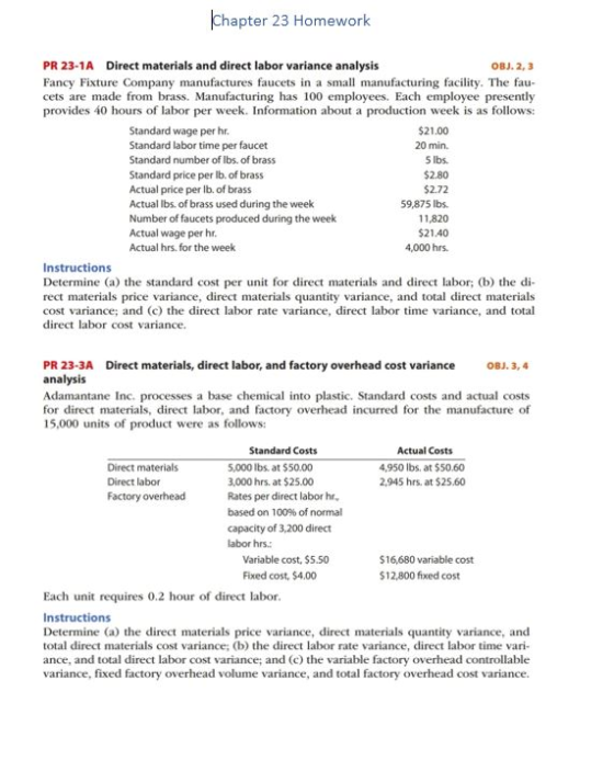 Chapter 23 Homework PR 23-1A Direct materials and direct labor variance analysis OBJ. 2,3 Fancy Fixture Company manufactures