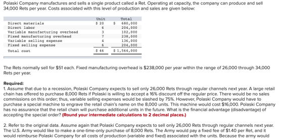Polaski Company manufactures and sells a single product called a Ret. Operating at capacity, the company can produce and sell