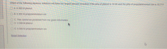Which of the following aqueous solutions will have the largest percent ionization if the pka of phenol is 10.00 and the pka o