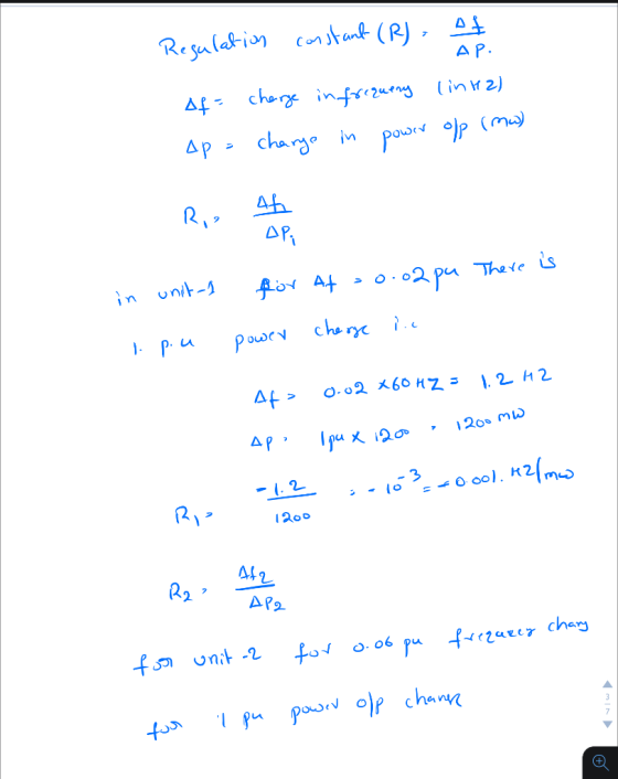 Regulation constant (R). Tento Af= charge in frequeny lin42) ap = change in power of (mw) Ris ab There is in unit-1 I. p.u fo
