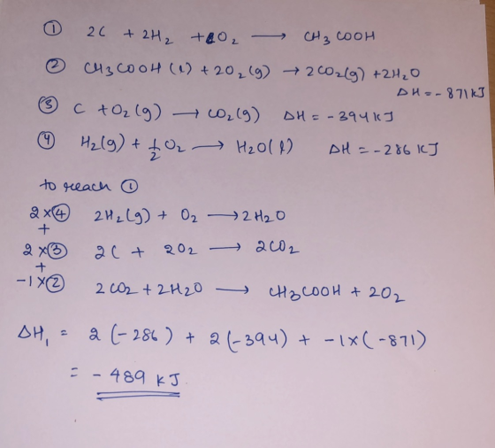 26 +2H₂ +60₂ CH3COOH > CH3COOH (_) + 202(g) +2002(g) +24,0 DH=-871k] ③ c + O₂(g) + CO2(g) DH=-394 kJ 0 H2(g) + + H2011) DH =