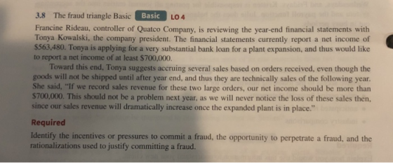 3.8 The fraud triangle Basic Basic LO 4 Francine Rideau, controller of Quatco Company, is reviewing the year-end financial statements with Tonya Kowalski, the company president. The financial statements currently report a net income of $563.480. Tonya is applying for a very substantial bank loan for a plant expansion, and thus would like to report a net income of at least $700,000. Toward this end, Tonya suggests accruing several sales based on orders received, even though the goods will not be shipped until after year end, and thus they are technically sales of the following year. She said, If we record sales revenue for these two large orders, our net income should be more than $700,000. This should not be a problem next year, as we will never notice the loss of these sales then, since our sales revenue will dramatically increase once the expanded plant is in place. Required Identify the incentives or pressures to commit a fraud, the opportunity to perpetrate a fraud, and the rationalizations used to justify committing a fraud.