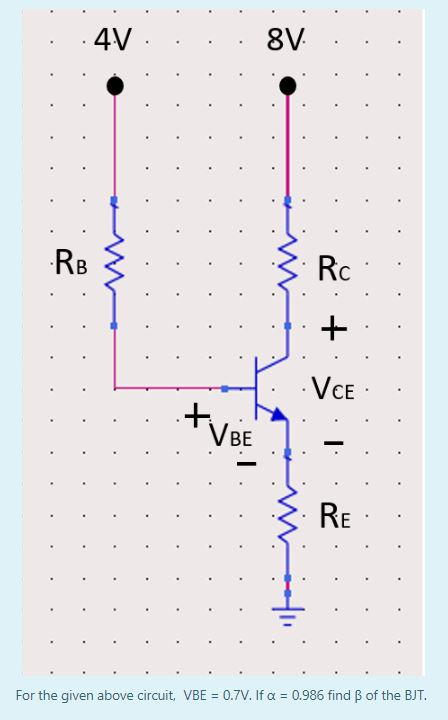 4V . . . . 8V.. ........ .+. . . . VCE + VBET ... .. For the given above circuit. VBE = 0.7V. If a = 0.986 find ß of the BJT.