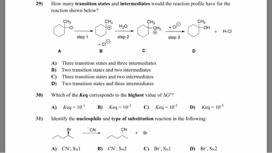 29) How many transition states and intermediates would the reaction profile have for the reaction shown below? CHE CH, CH fig