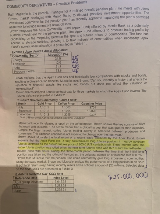 COMMODITY DERIVATIVES - Practice Problems one Raffi Musicale is the portfolio manager for a defined benefit pension plan. He