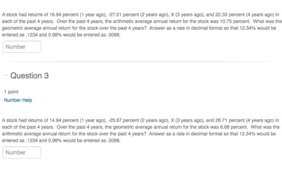 A stock had returns of 16.94 percent (1 year ago), -27.01 percent (2 years ago), X (3 years ago), and 22.33 percent (4 years