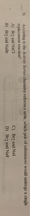 5 According to the Acivity Series chemistry reference table, which pair of substances woukd undergo a single replacement reac