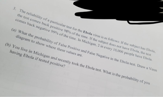3. The reliability of a particular test for the Eboli dorty of a particular test for the Ebola virus is as follows: If the su